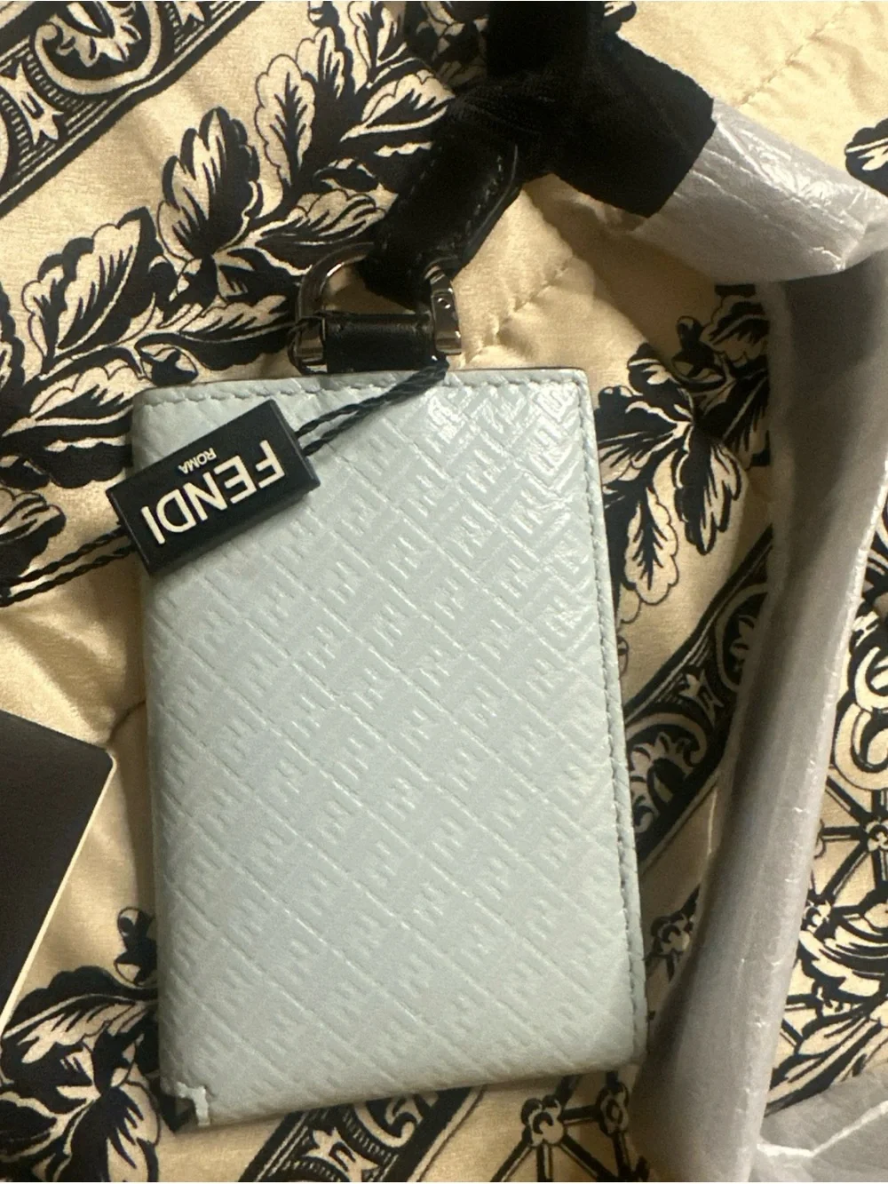 Fendi Roma Blue Leather Card Case with Black Strap NWT, Box Unisex